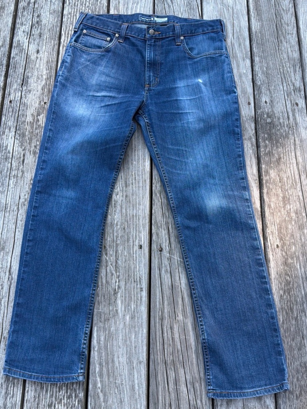 Carhartt Men's Denim Straight Fit Jeans in Blue with Brown Stitching